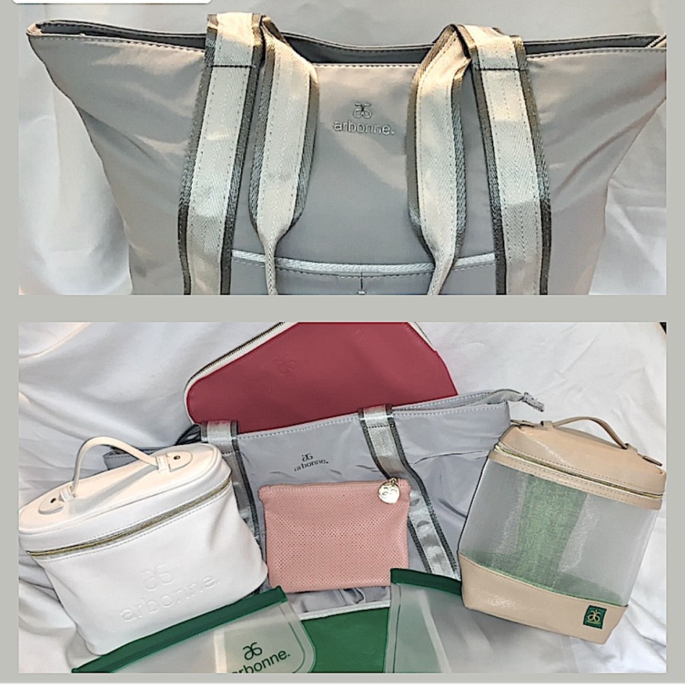 Lot of Arbonne Makeup Bags, reusable sandwich bags, Large Tote Bag!